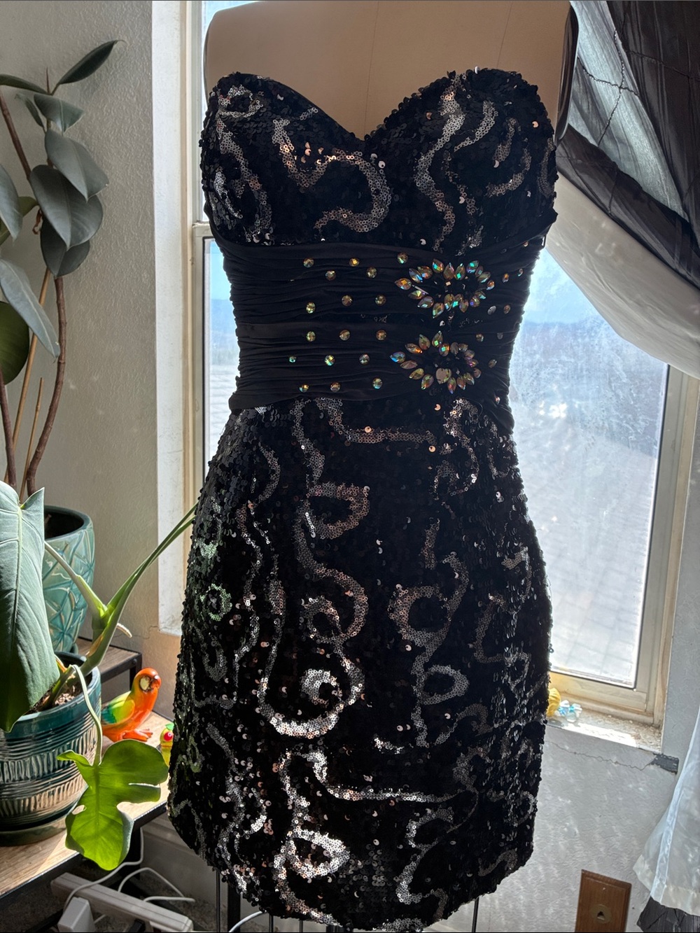 Black Strapless Sequin Cocktail Dress with Jeweled Waist